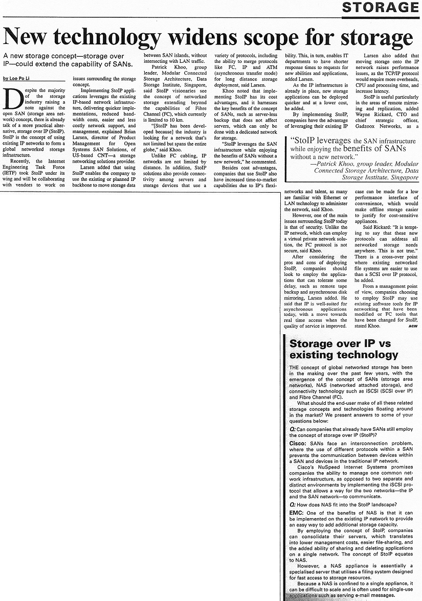New Technology Widens Scope for Storage <br/> Asia Computing Weekly, 18 September 2000