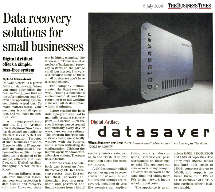 Data Recovery Solutions for Small Businesses <br/> The Business Times, 5 July 2004